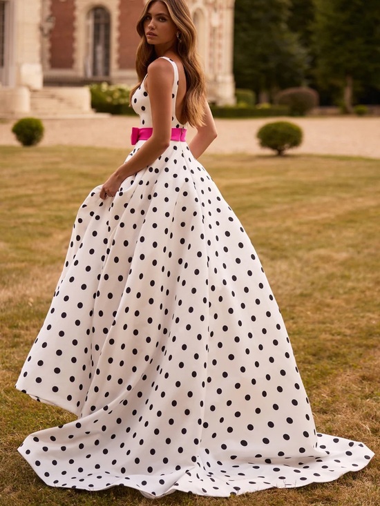 Sherri Hill Dresses & Skirts - Polka Dot White & Black Ball Gown with Fuchsia Belt